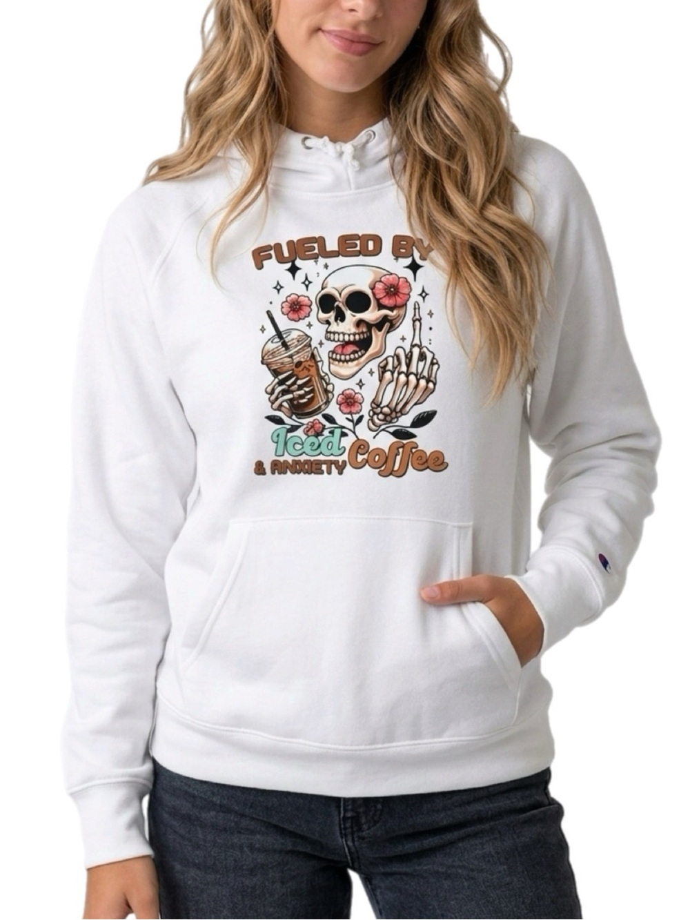 Champion | White Pullover Hoodie Fueled by Ice Coffee & Anxiety Skeleton Print